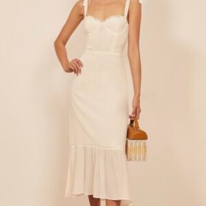 Reformation Cream Tie-Shoulder Midi Dress with Ruffle Hem